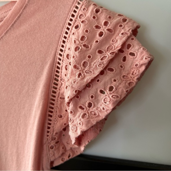 [M] Joe Fresh Powder Pink Short Sleeve Top With Boho Crochet Detail Sleeves - Picture 4 of 10
